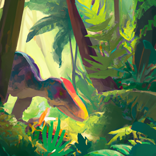 colorful dinosaur in the jungle, surrealism, realistic, digital art