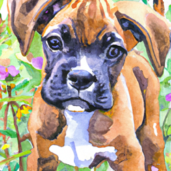 Create a watercolor painting of a cute boxer puppy playing in a field of wild flowers. Cute floppy ears and brindle fur. Big eyes looking up at you. 