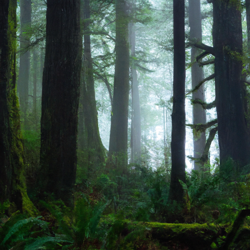 Cinematographic view of the enigmatic Oregon coast, shrouded in a diaphanous veil of fog. The grandeur of towering spruce trees, their tempest-green crowns reaching out to the heavens, commands the frame. The forest floor is a soft, mossy carpet, dappled with autumn leaves. Highlight this narrative in the style of Baroque art accentuating every detailed silhouette, every play of light.