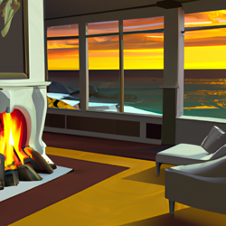 Cozy fireplace in front of large ceiling to floor windows, in a big house on a cliff overlooking the ocean. Evening time, cozy feeling, digital art