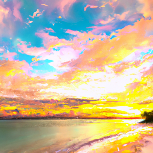 Create a beautiful painting of a sunset at a tropical beach. Imagine the sun setting over the horizon, its warm orange and yellow hues reflecting off the calm, turquoise waters. The sky is a mix of pinks, purples, and blues, with a few wispy clouds in the distance. Paint this scene in an impressionistic style, with bold brushstrokes and vibrant colors.