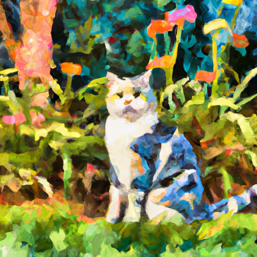 Create a painting of a cute cat outside in a garden. The cat should be sitting in a patch of grass, surrounded by colorful flowers and lush green trees. The painting should be in a watercolor style, with soft pastel colors and a dreamy atmosphere.