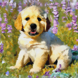 Craft a delicate and lively watercolor portrait of a joyful golden retriever puppy frolicking amid a vivid, sunlit meadow teeming with wildflowers. The puppy, with his voluminous, whip-like tail in active motion and an infectiously cheerful countenance, becomes the epitome of pure joy and happiness. Sprinkle the environment with specks of sunlight piercing through the light zephyr, making the wildflowers sway subtly.