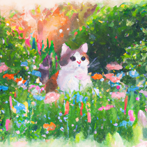 Create a painting of a cute cat outside in a garden. The cat should be sitting in a patch of grass, surrounded by colorful flowers and lush green trees. The painting should be in a watercolor style, with soft pastel colors and a dreamy atmosphere.