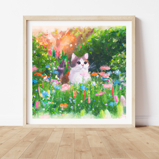 Create a painting of a cute cat outside in a garden. The cat should be sitting in a patch of grass, surrounded by colorful flowers and lush green trees. The painting should be in a watercolor style, with soft pastel colors and a dreamy atmosphere.