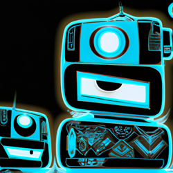 Create a digital artwork of a robot made of analog stereo equipment, with a vibrant, futuristic style. Try using a combination of abstract expressionism and cubism to bring the robot to life.