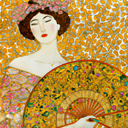 Create a painting in the style of Gustav Klimt's 'Lady with a Fan'. Include a woman with a fan in the painting, and use the same vibrant colors and gold leaf accents as Klimt did. Make sure to include the same intricate details and ornate patterns.