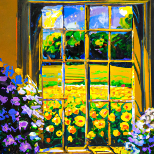 See a painting of a sunlit room with a window looking out onto a garden of vibrant flowers. The colors of the flowers are bright and cheerful, and the light from the sun is streaming in through the window. Art style: Impressionism.