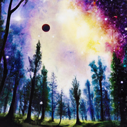 Create a surrealist painting of a star-filled forest floating in the vastness of space. The painting should be dreamlike and ethereal, with the stars and galaxies providing a soft, glowing light. Include details like trees, plants, and other elements of nature to create a peaceful and calming atmosphere. Make sure to capture the beauty of the night sky and the mystery of the unknown.