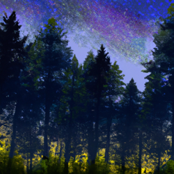 Oregon forest, brilliant stars, vibrant colors, Monet, 8k resolution, ultra hd, vector graphics, whimsical, serene, panoramic, landscapes, digital art, wide-angle