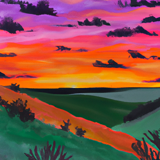 Capture the beauty of a Nebraska sunset in a painting. Create a vibrant landscape with a sky full of oranges, pinks, and purples, and a horizon of rolling hills. Include a few trees in the foreground to add depth and texture.Create a painting of a Nebraska sunset with a sky full of oranges, pinks, and purples, and a horizon of rolling hills.