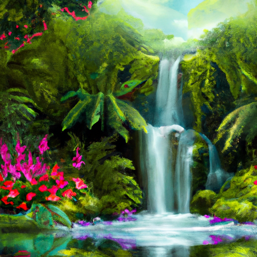 Create a high-definition painting of a tropical jungle with a waterfall cascading into a calm pond surrounded by big ferns, bright flowers, and tall trees with vines. Capture the shimmering reflections of light on the water's surface for a truly captivating piece of art.