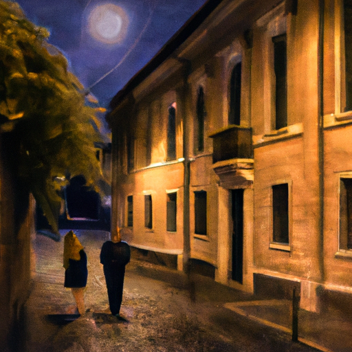 A romantic, moonlit scene of a couple walking hand in hand down a cobblestone street in Rome at night. The street is illuminated by the warm glow of street lamps and the couple is surrounded by the grandeur of ancient architecture. Art style: Impressionism.