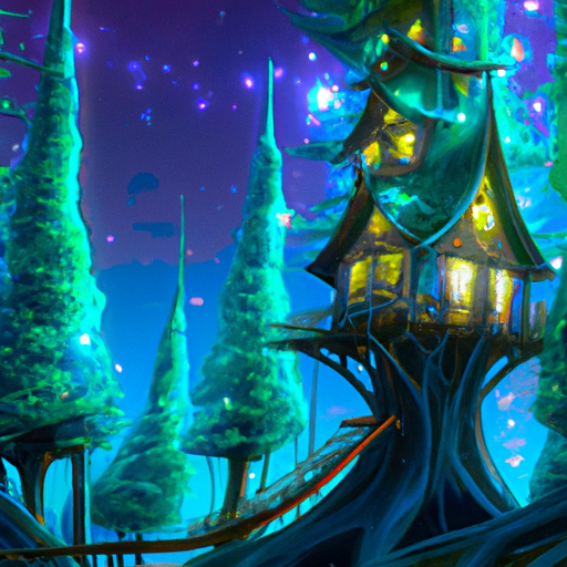 Create a high-def, 4K, digital art piece of an enchanted forest with a treehouse cottage in many thick, green, pine trees. The night sky should be filled with green and blue neon aurora borealis and stars, the trees should be lush and green. 