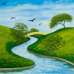 Create a painting of a vibrant, lush green landscape with rolling hills and a bright blue sky. Include a winding river with a small bridge and a few trees scattered throughout the scene. Add a few birds in the sky for a touch of life and color. Make sure to capture the beauty of the landscape with a realistic, yet artistic style.