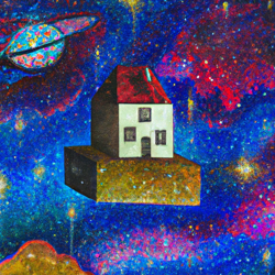 A house floating in the vastness of space, illuminated by stars and galaxies. A surreal, dreamlike painting in the style of surrealism. #surrealism