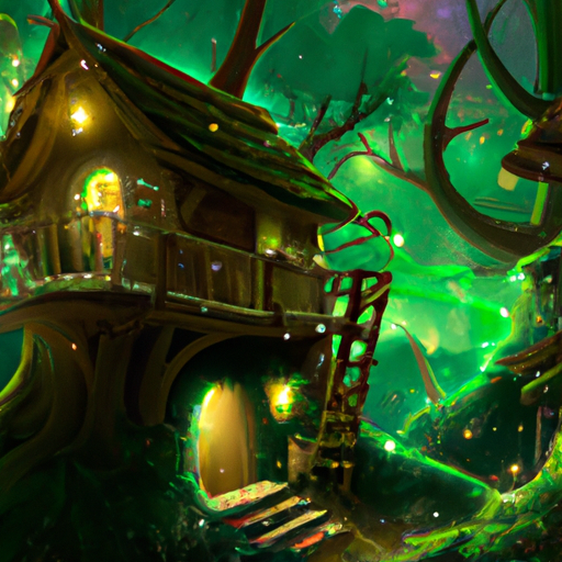 Create a high-def, 4K, digital art piece of an enchanted forest with a treehouse cottage in many thick, green, pine trees. The night sky should be filled with green and blue neon aurora borealis and stars, the trees should be lush and green. Make it look like a magical fantasy scene in the style of Alyn Spiller

