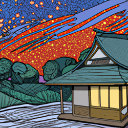 house underneath the stars, japanese (ukiyo-e), vibrant colors, katsushika hokusai, 8k resolution, anti-aliasing, high dynamic range (hdr), ultra hd, vector graphics, whimsical, serene, panoramic, landscapes