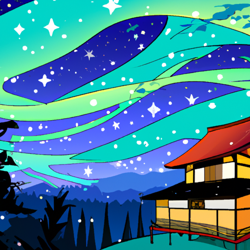 house underneath the stars, japanese (ukiyo-e), vibrant colors, katsushika hokusai, 8k resolution, anti-aliasing, high dynamic range (hdr), ultra hd, vector graphics, whimsical, serene, panoramic, landscapes