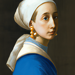 Create a painting of a young woman wearing a pearl earring, inspired by the style of Dutch Baroque painter Johannes Vermeer. She should be wearing a blue dress with a white collar, and her gaze should be directed away from the viewer. Art type: Rococo.