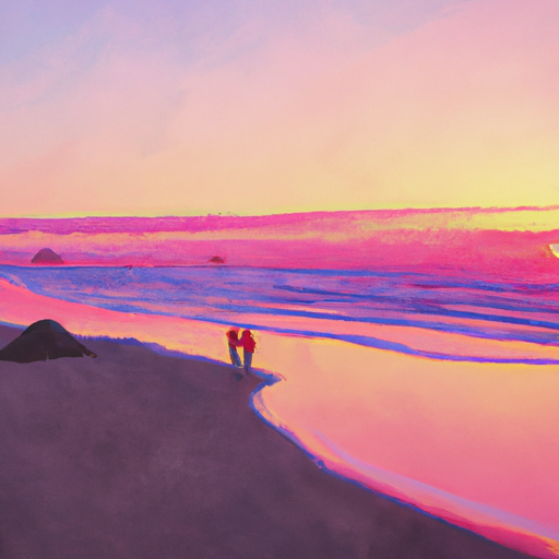 Create a painting of a peaceful Oregon coast beach scene with a bright orange and pink sunset. The beach should be filled with people enjoying the sunset, some walking, some playing in the sand, and some just sitting and watching the waves.