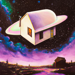 A house floating in the vastness of space, illuminated by stars and galaxies. A surreal, dreamlike painting in the style of surrealism. #surrealism