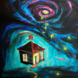 Create a surreal painting of a house floating in the vastness of space. Use a combination of abstract and expressionism to capture the feeling of being alone in the universe. Include stars and galaxies in the background to emphasize the vastness of the scene.