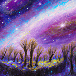 Create a surreal painting of a forest floating in the vastness of space, illuminated by stars and galaxies. Use surrealism art style to capture the dreamlike atmosphere of the scene. Include stars and galaxies to emphasize the vastness of the universe.