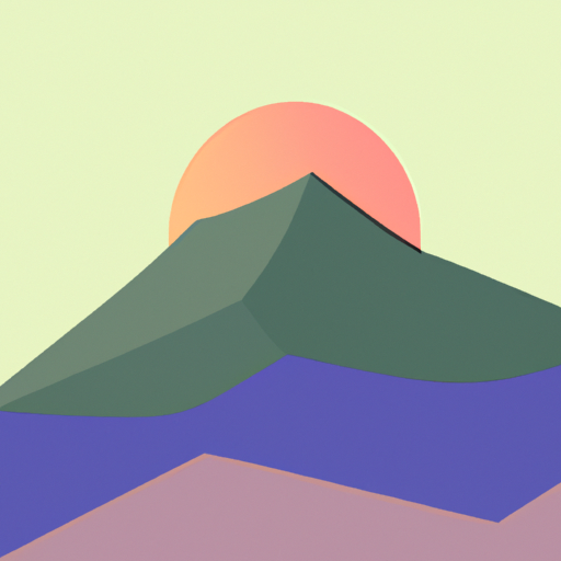 Create a minimalist art style landscape with one mountain in the middle of the picture, fading from light blue to dark green to orange, and ending in purple. Separate the colors with lines. Place an orange sun peeking behind the mountain top, with a light gray background. Background is light gray. modern, digital art