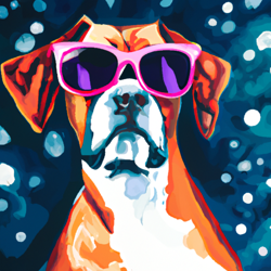 Hipster boxer dog, psychedelic, wide eyes, staring out at space, futuristic, high angle, defined eyes, watercolor painting

