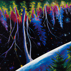 A forest floating in the vastness of space, illuminated by stars and galaxies. A surreal, dreamlike painting in the style of surrealism