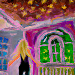 Create a painting of a woman dancing in her darkened living room. With stars above the ceiling. The woman should be blonde with a bright, happy expression. Use crayon art style with a touch of Monet to capture the beauty of the scene. Cutout of the house, bird's eye view