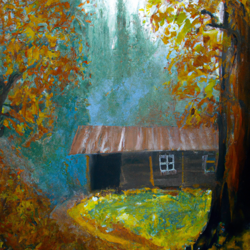 Craft an impressionist depiction of an isolated rustic cabin, cradled lovingly at the core of a bewitching Oregon forest. The abode is veiled in an phantasmal fog, delicately caressed by the rising morning sun. As autumn's dawn breaks, the leaves morph into a lively tableau of fiery oranges, profound reds, and glistening golds. Masterfully emphasize the ballet of the haze, sunlight, and autumn leaves.