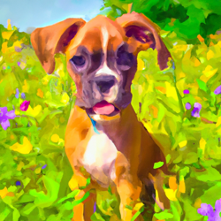 Create a painting of a cute puppy outside in a field of wildflowers. The puppy should be a boxer with a big, floppy ears and a bright, happy expression. The background should be a bright, sunny day with a light breeze blowing through the wildflowers. Use a watercolor art style to capture the beauty of the scene.