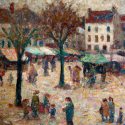 Depict a full-of-life Parisian square under a slightly gloomy winter sky, echoing Camille Pissarro's unique vision from 1897-1898. Reflect his Impressionist style, especially the rural landscapes, in a cityscape context. Pay keen attention to illumination, atmospheric conditions, and cloud cover to capture the essence of Pissarro's earlier scenes, romantically providing the square a timeless grace. The stylistic approach aligns with a pastel art 