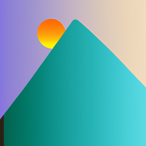 minimalist art style, landscape, one mountain, with a color gradient down to the bottom. The color gradient starts light blue to dark green to orange, ending in purple. An orange sun peaks behind the mountain top.