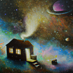 Create a surreal painting of a house floating in the vastness of space. Use a combination of abstract and expressionism to capture the feeling of being alone in the universe. Include stars and galaxies in the background to emphasize the vastness of the scene.