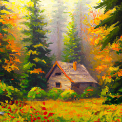 Envision a solitary rustic cabin nestled in the heart of an enchanting Oregon forest. The cabin is shrouded by an ethereal blanket of fog that's gently kissed by the morning sun. It's an autumn daybreak, the leaves are a canvas of vibrant oranges, deep reds, and golden yellows. Draw this scene in a captivating Impressionist style, highlighting the interplay between fog, light, and fall foliage.