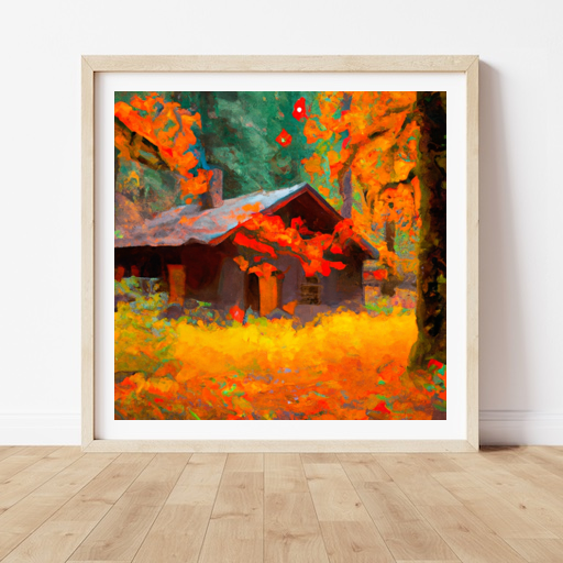 Envision a solitary rustic cabin nestled in the heart of an enchanting Oregon forest. The cabin is shrouded by an ethereal blanket of fog that's gently kissed by the morning sun. It's an autumn daybreak, the leaves are a canvas of vibrant oranges, deep reds, and golden yellows. Draw this scene in a captivating Impressionist style, highlighting the interplay between fog, light, and fall foliage.