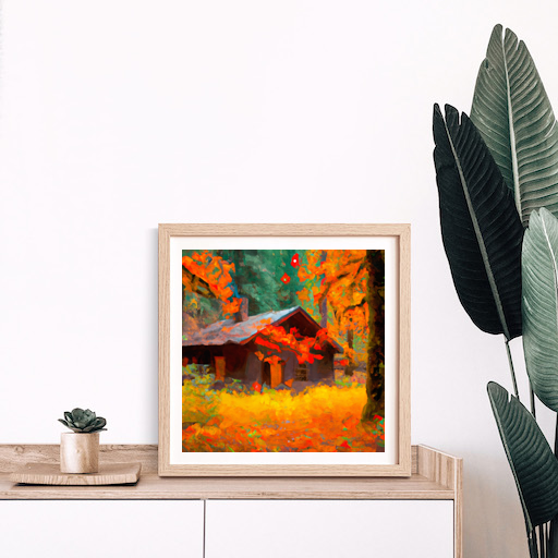 Envision a solitary rustic cabin nestled in the heart of an enchanting Oregon forest. The cabin is shrouded by an ethereal blanket of fog that's gently kissed by the morning sun. It's an autumn daybreak, the leaves are a canvas of vibrant oranges, deep reds, and golden yellows. Draw this scene in a captivating Impressionist style, highlighting the interplay between fog, light, and fall foliage.