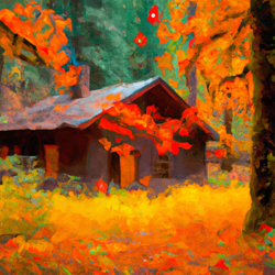 Envision a solitary rustic cabin nestled in the heart of an enchanting Oregon forest. The cabin is shrouded by an ethereal blanket of fog that's gently kissed by the morning sun. It's an autumn daybreak, the leaves are a canvas of vibrant oranges, deep reds, and golden yellows. Draw this scene in a captivating Impressionist style, highlighting the interplay between fog, light, and fall foliage.