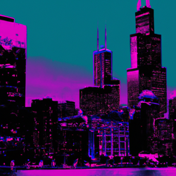 chicago downtown including willis tower in the style of retro future cyberpunk in neon color