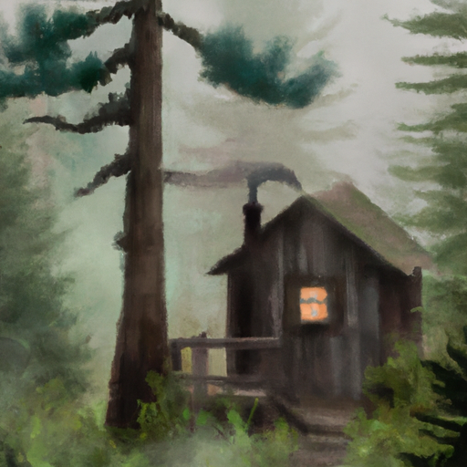 Create a foggy, surreal landscape painting of a cozy cabin in the Oregon woods. Use a mix of watercolor and oil paints to capture the misty atmosphere.