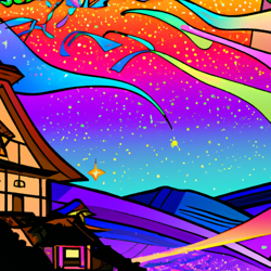 Create a Japanese Ukiyo-e style 8K resolution, anti-aliased, high dynamic range (HDR) and ultra HD vector graphic of a whimsical, serene, and panoramic landscape with a house underneath the stars, inspired by the art of Katsushika Hokusai, with vibrant colors.