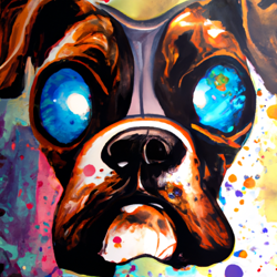 Hipster boxer dog, psychedelic, wide eyes, staring out at space, futuristic, high angle, defined eyes, watercolor painting

