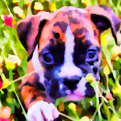 Create a watercolor painting of a cute boxer puppy playing in a field of wild colors. Cute floppy ears and brindle. 