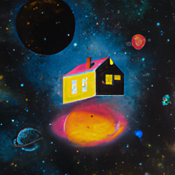 Create a surreal painting of a house floating in space, illuminated by stars and galaxies. #surrealism