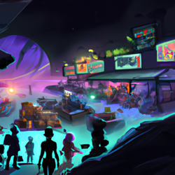 A bustling galactic market station set on an asteroid, alive with alien species from different planets bartering and trading various exotic goods under neon signs.