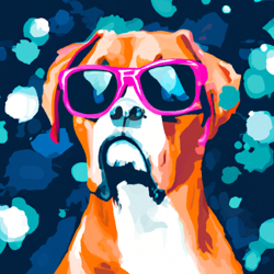 Hipster boxer dog, psychedelic, wide eyes, staring out at space, futuristic, high angle, defined eyes, watercolor painting

