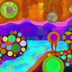 Create a 4K resolution, ultra HD, panoramic landscape painting in the style of Aboriginal dot painting, with bright happy colors. The painting should be mysterious and thought-provoking, with abstract backlighting to make it even more captivating.